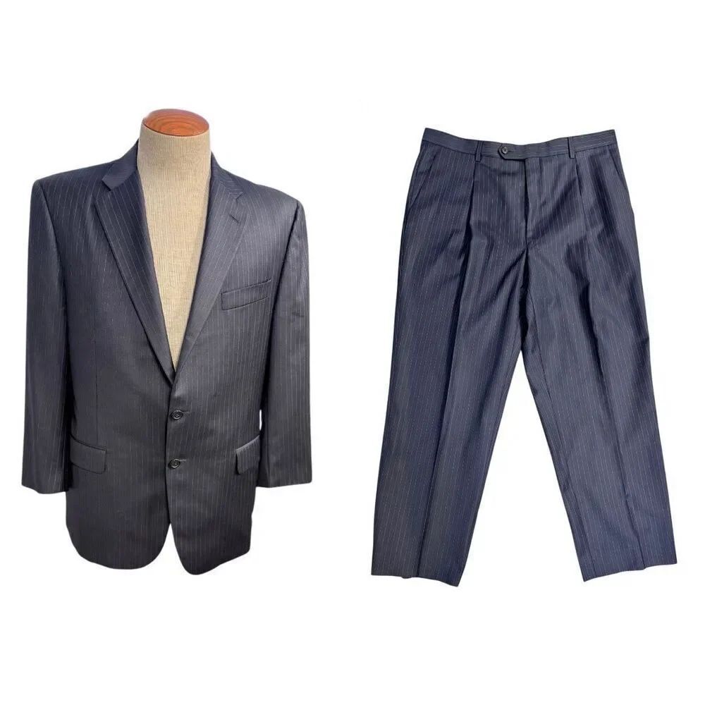 Hickey Freeman Suit Blazer 42R Pants 36 Blue Pinstripe USA